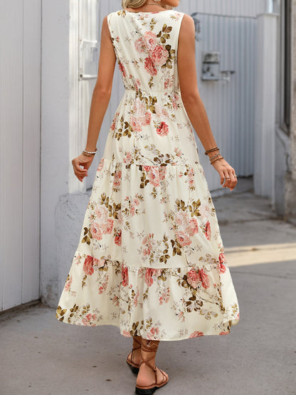 Hazel Blues® |  Printed Ruffled Hem V-Neck Sleeveless Dress