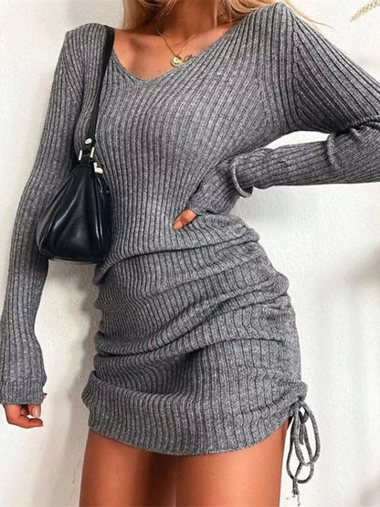 Hazel Blues® | Ribbed Knit Drawstring Bodycon Sweater Dress