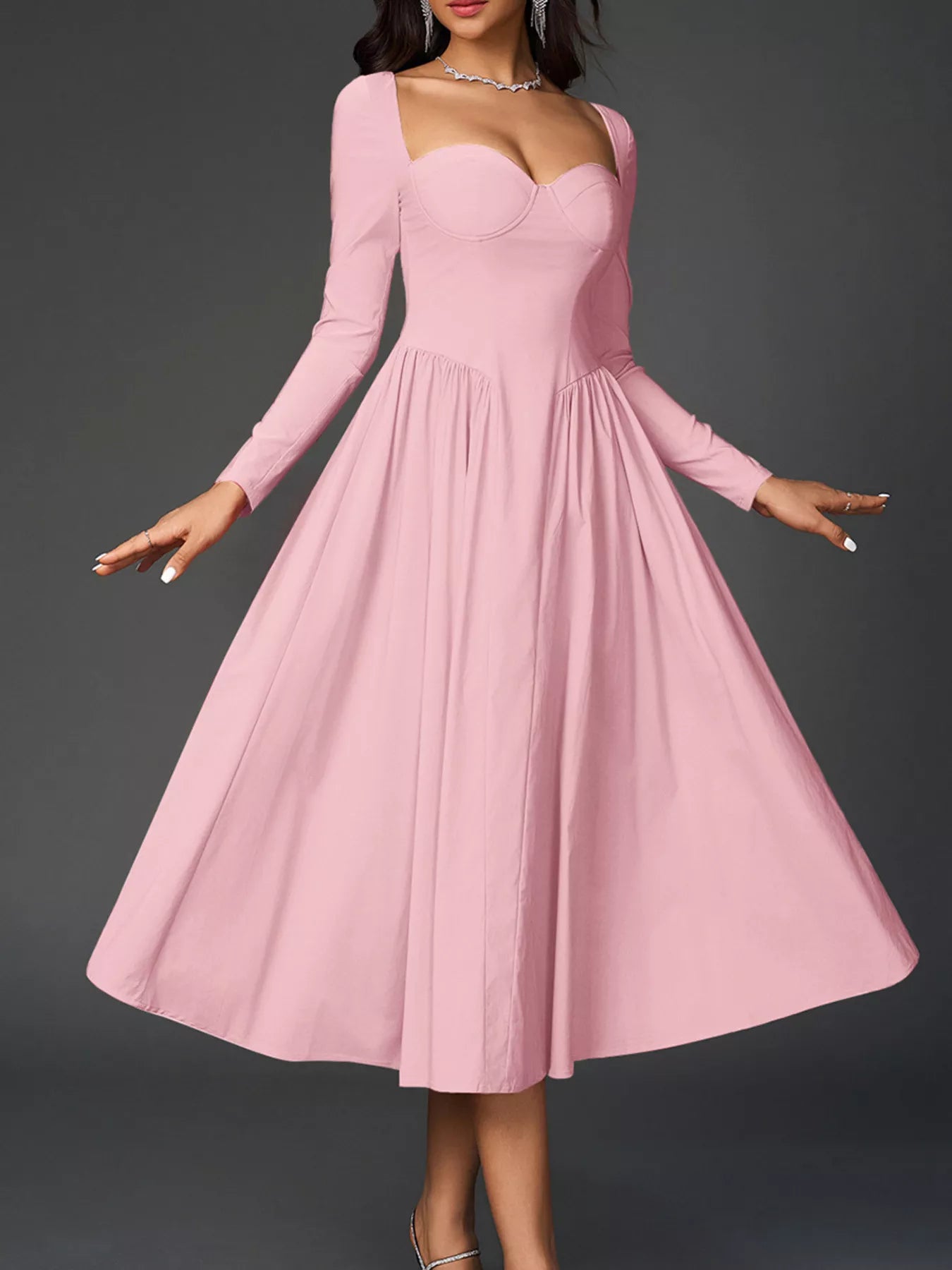 Hazel Blues® |  Sweetheart Neckline Long Sleeve A-Line Midi Dress