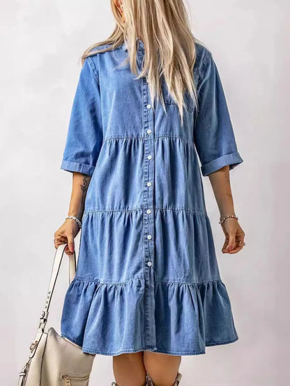 Hazel Blues® | Ruffled Hem Button Up Denim Midi Dress