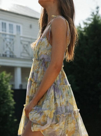 Hazel Blues® |  Printed Tie-Strap Tiered Mini Dress