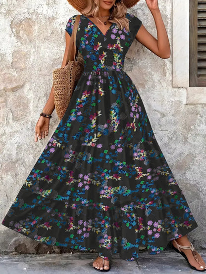 Hazel Blues® |  Printed V-Neck Cap Sleeve Maxi Dress