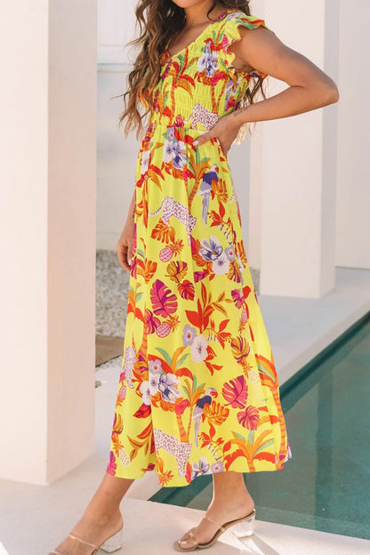 Hazel Blues® |  Cheetah Plant Print Shirred Button V Neck Maxi Dress