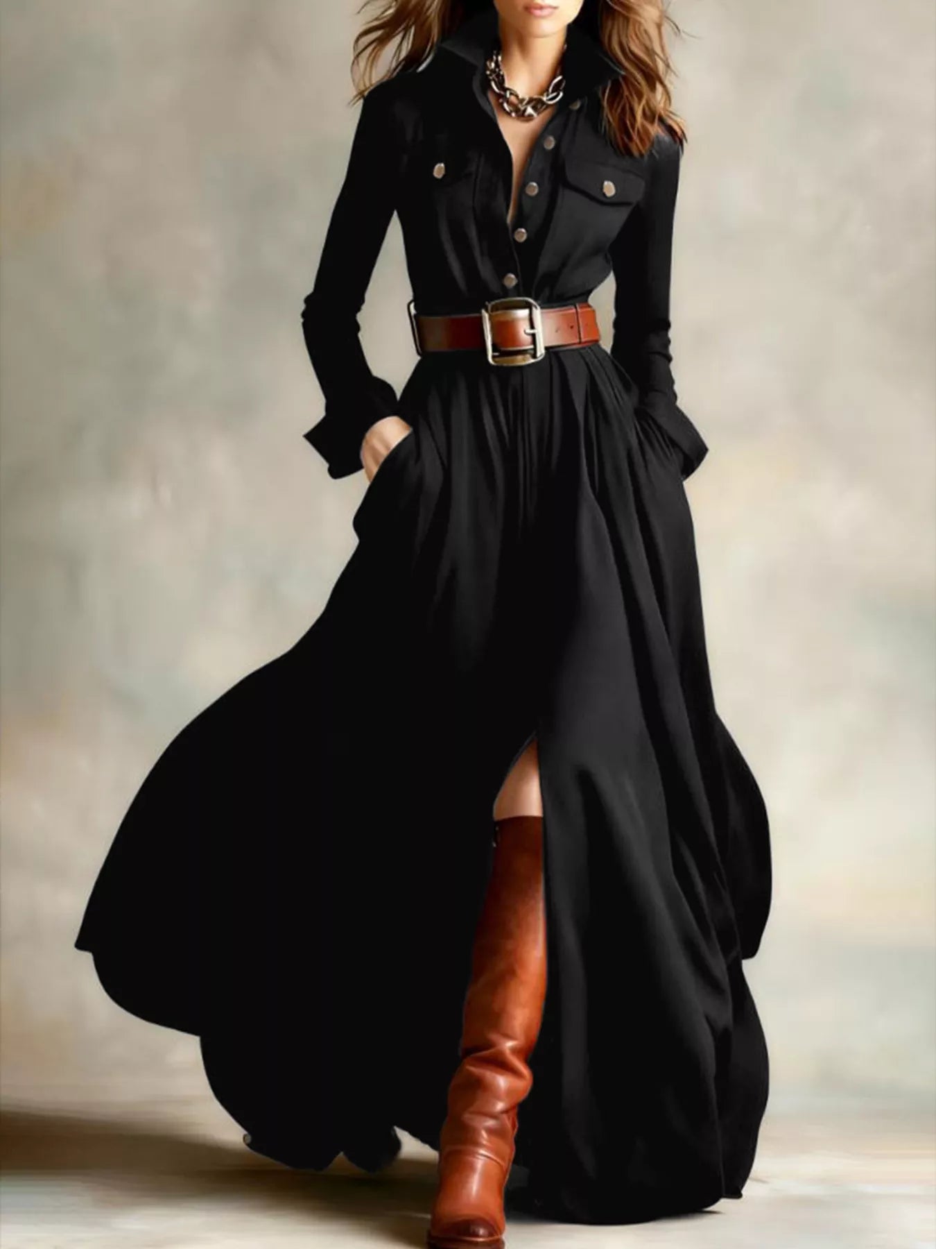Hazel Blues® |  Button Front Long Sleeve Maxi Dress