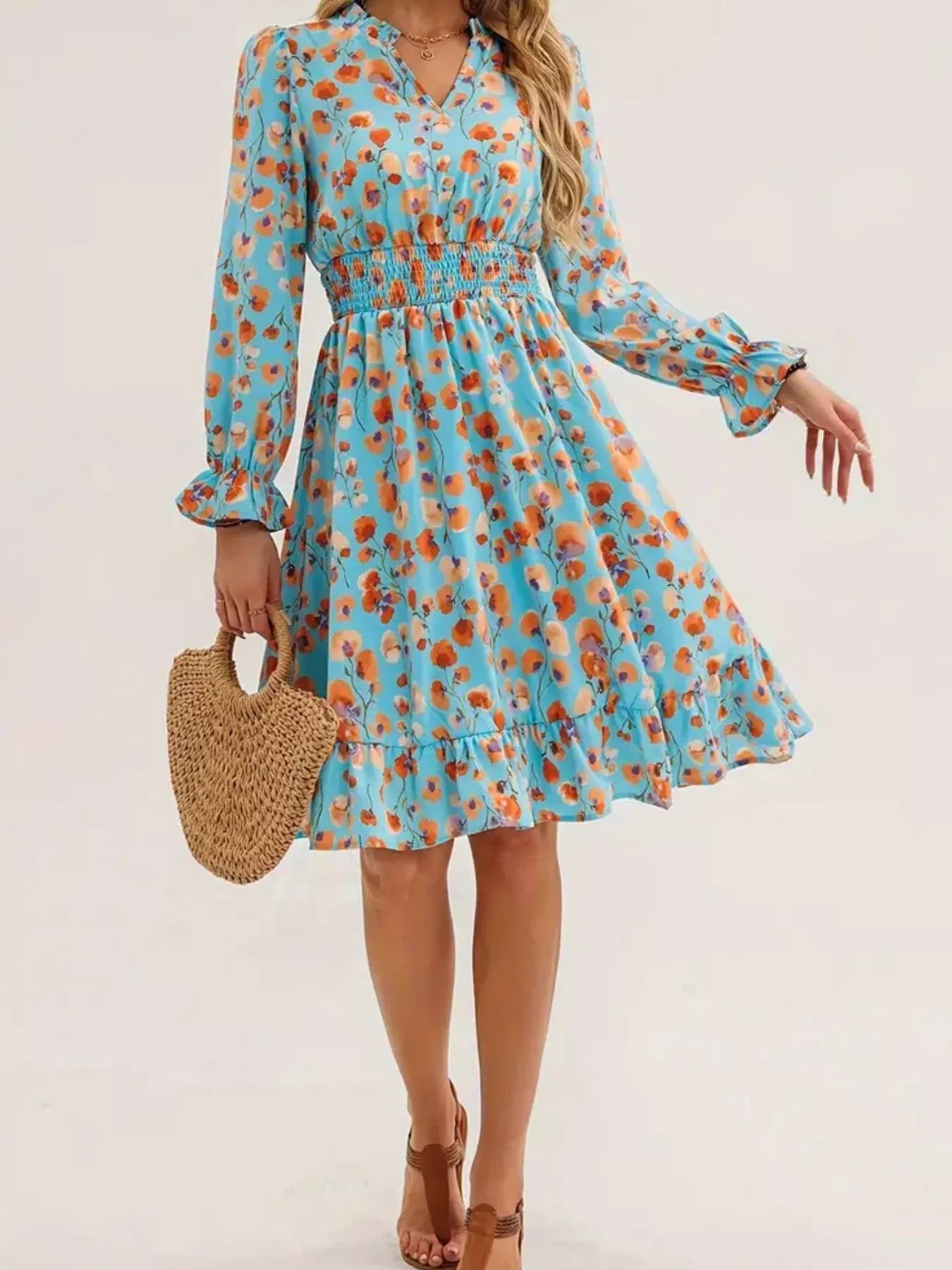 Hazel Blues® |  Floral Notched Flounce Sleeve Dress
