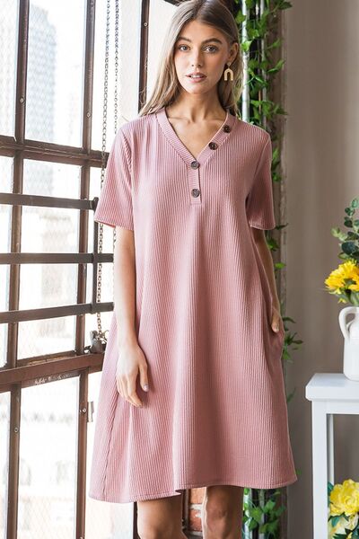 Hazel Blues® | Heimish Solid Ribbed Mini Dress with Button