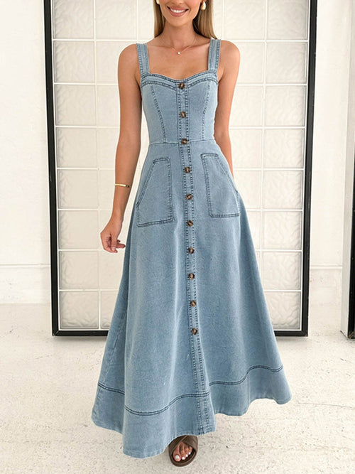 Hazel Blues® |  Decor Button Front A-Line Denim Dress