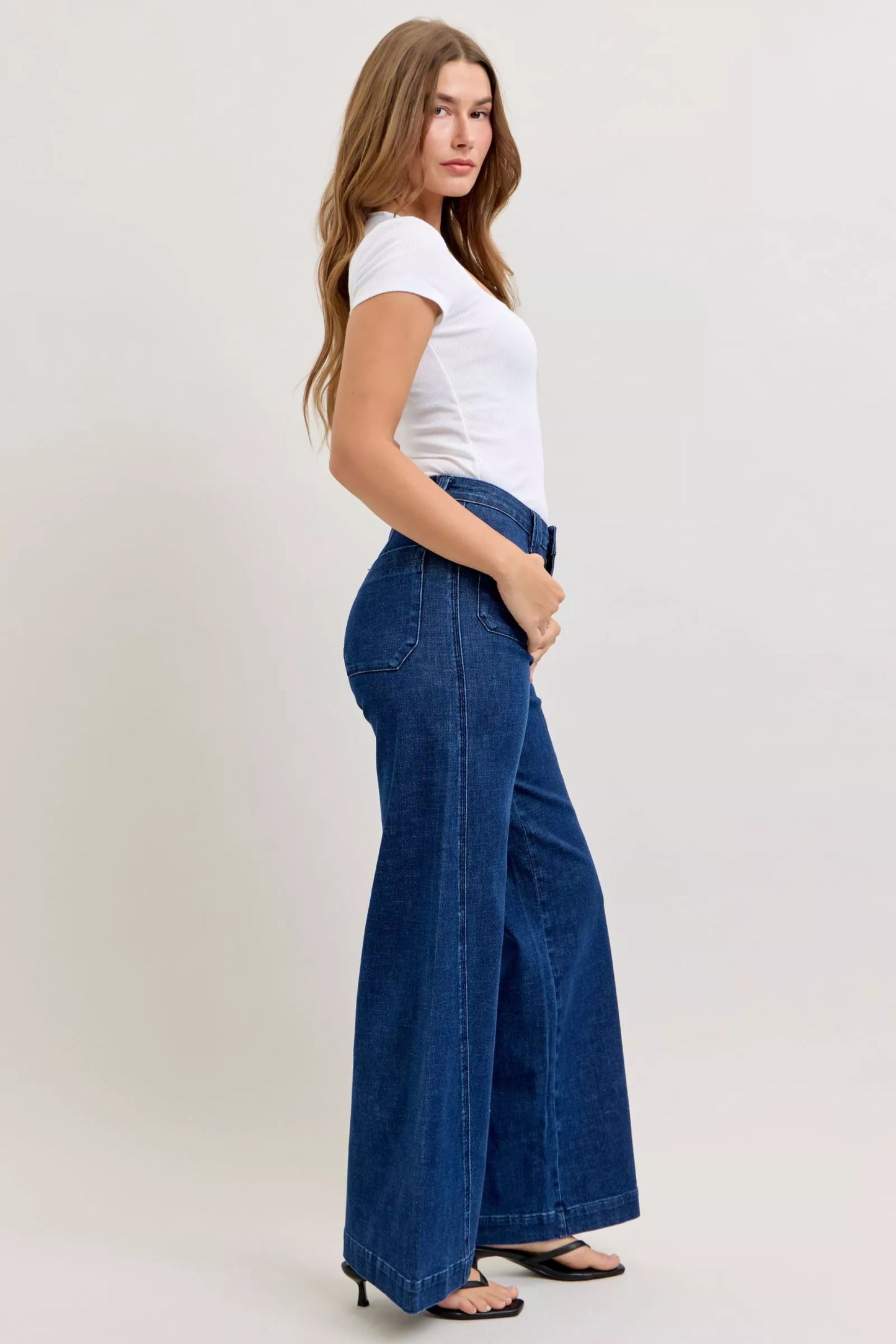 Hazel Blues® |  Judy Blue High-Waisted Retro Wide Jeans with Patch Pkts & Twisted Seams