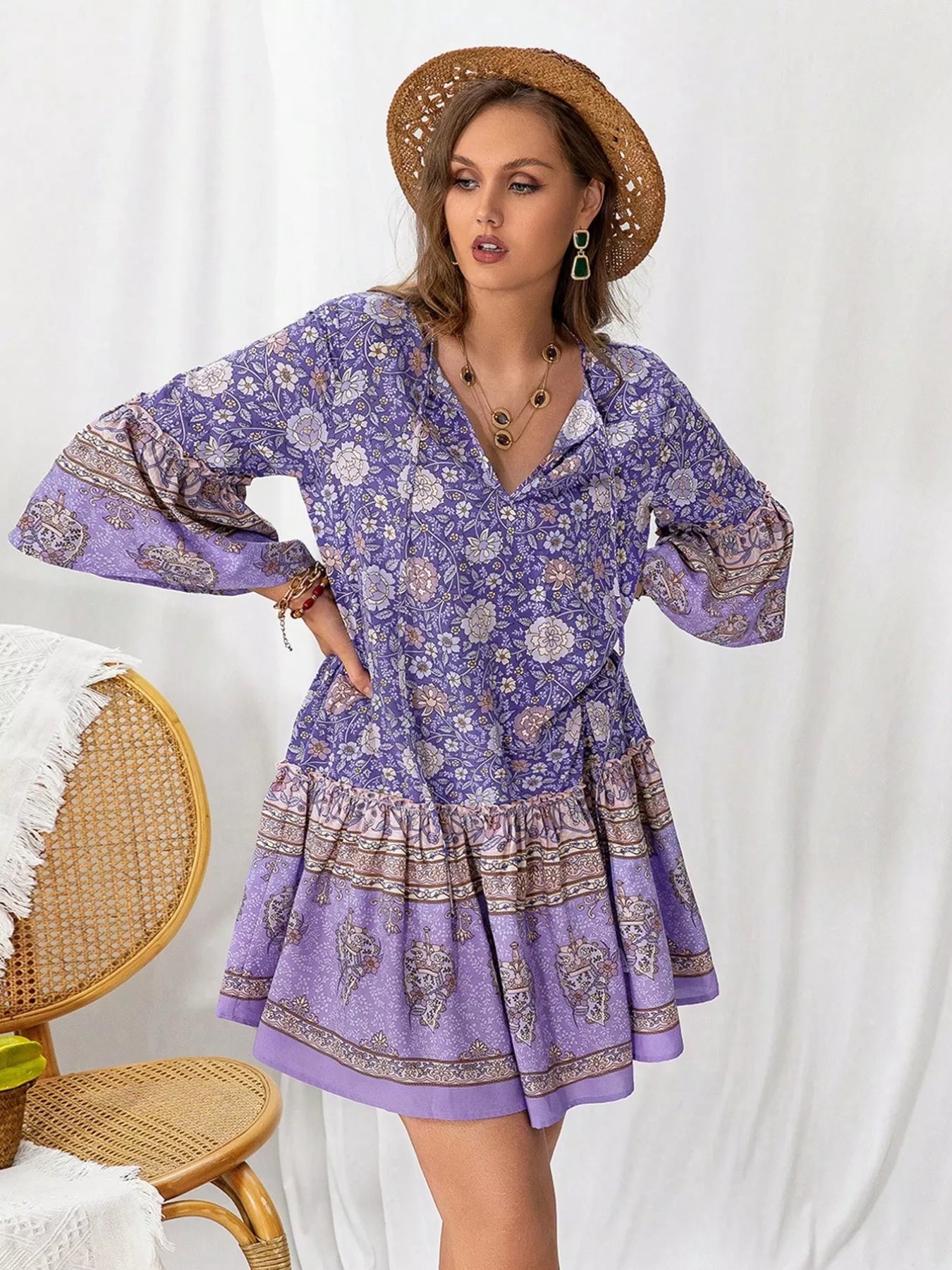 Hazel Blues® | Floral Print Ruffle Hem Mini Dress