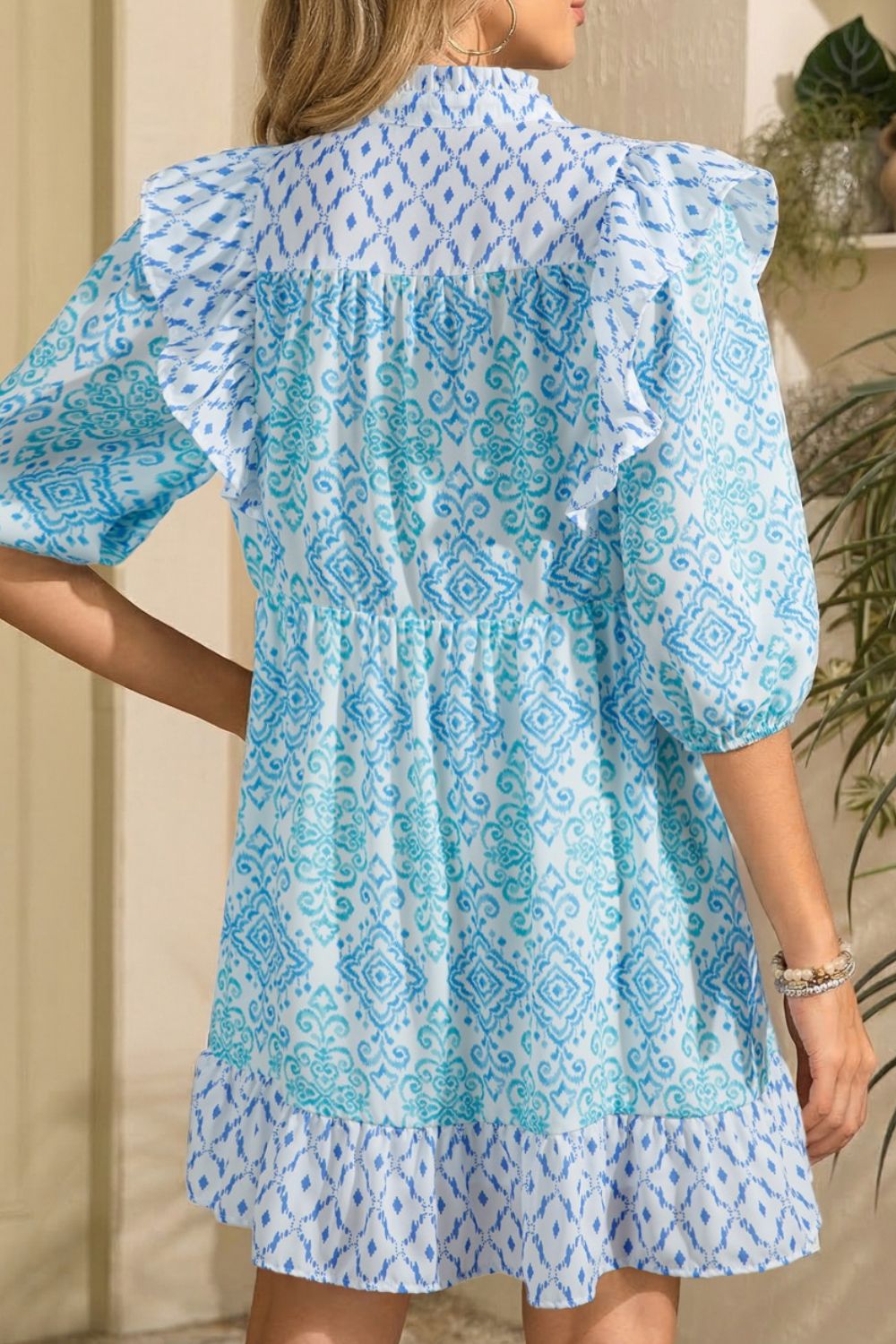 Hazel Blues® |  Floral Geometric Patchwork Ruffle Detail Puff Sleeve Mini Dress