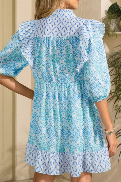Hazel Blues® |  Floral Geometric Patchwork Ruffle Detail Puff Sleeve Mini Dress