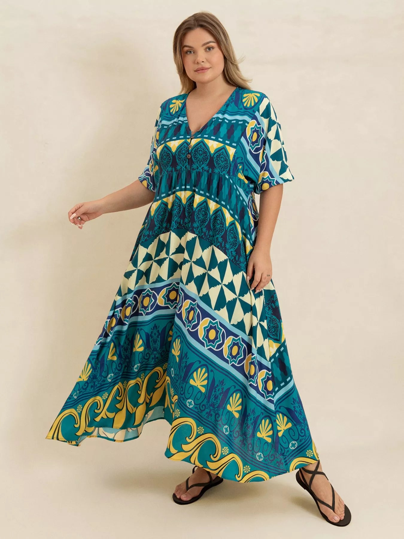 Hazel Blues® | Printed V-Neck Half Sleeve Midi Dress