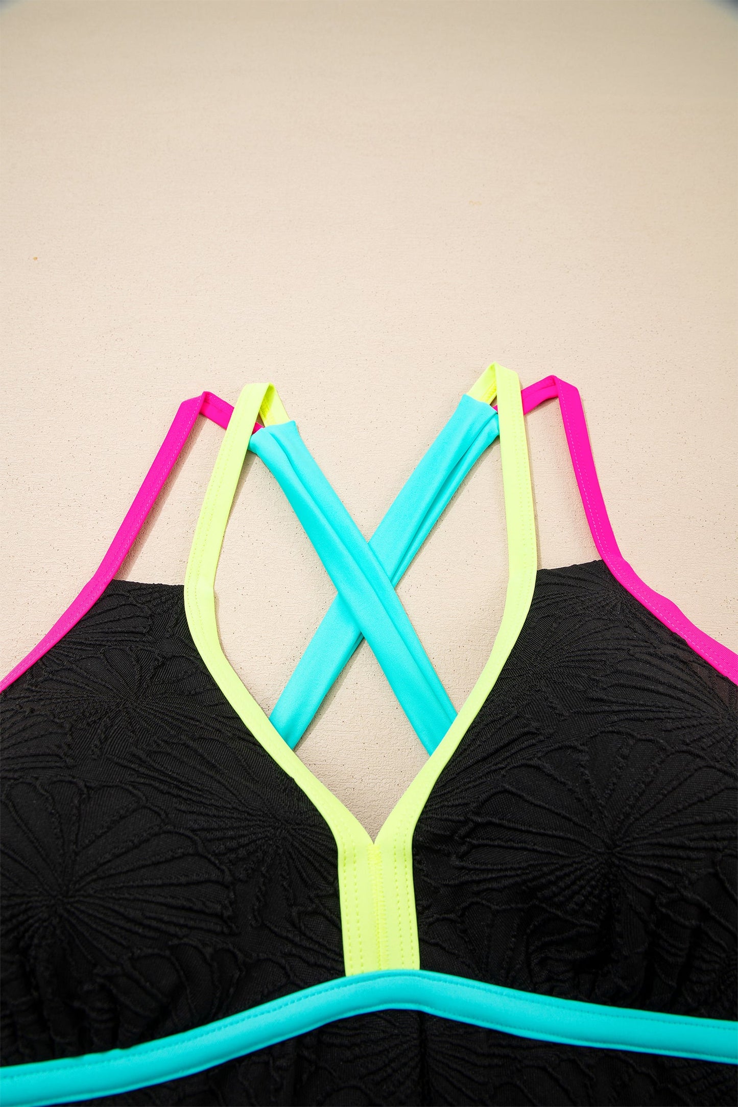 Hazel Blues® | Black Floral Textured Neon Trim V Neck Crisscross Backless Tankini Set