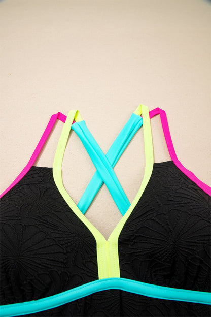 Hazel Blues® | Black Floral Textured Neon Trim V Neck Crisscross Backless Tankini Set