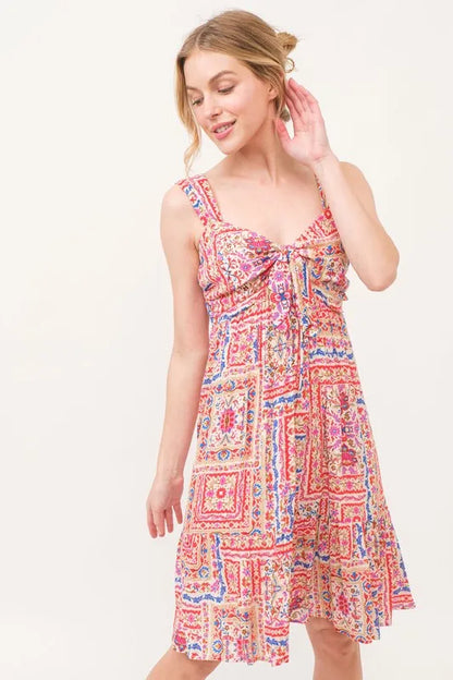 Hazel Blues® |  And The Why Tied Front Smocked Back Tiered Boho Printed Dress