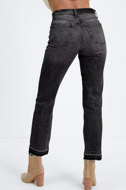 Hazel Blues® |  High-Waisted Distressed Hem Straight Leg Jeans