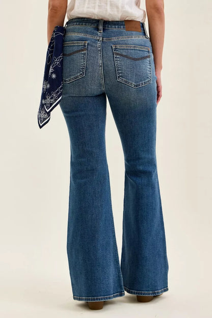 Hazel Blues® |  Judy Blue Mid Rise Jaqueline Flare with Triple Needle Back Pkts and Bandana Loop