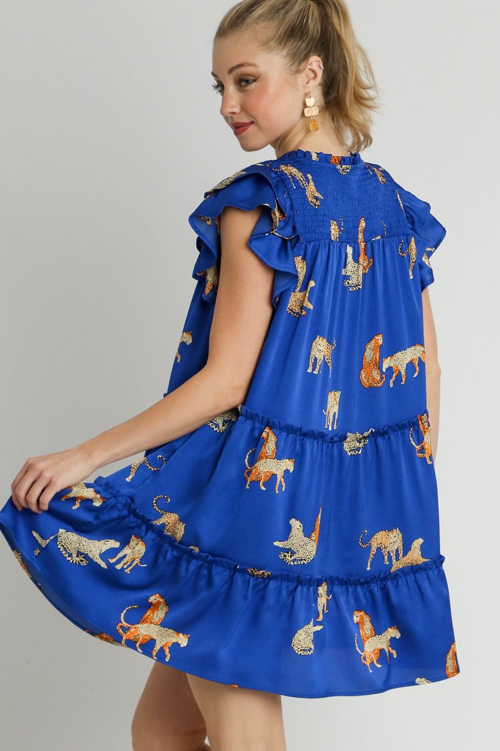 Hazel Blues® | Umgee Cheetah Print Notched Ruffle Layered Cap Sleeve Mini Dress
