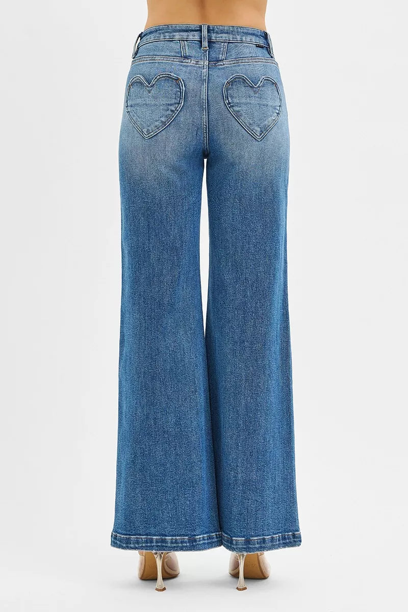 Hazel Blues® |  RISEN High Rise Wide Leg Jenas with Front Yoke and Heart Back Pocket