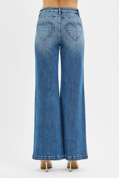 Hazel Blues® |  RISEN High Rise Wide Leg Jenas with Front Yoke and Heart Back Pocket