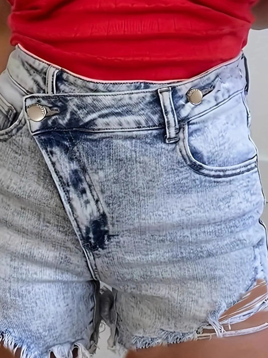 Hazel Blues® |  High Waisted Distressed Denim Shorts with Frayed Hem