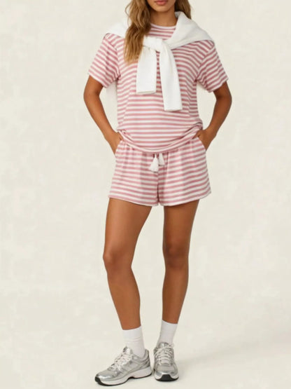 Hazel Blues® |  Striped Short Sleeve Tee and Drawstring Shorts Set
