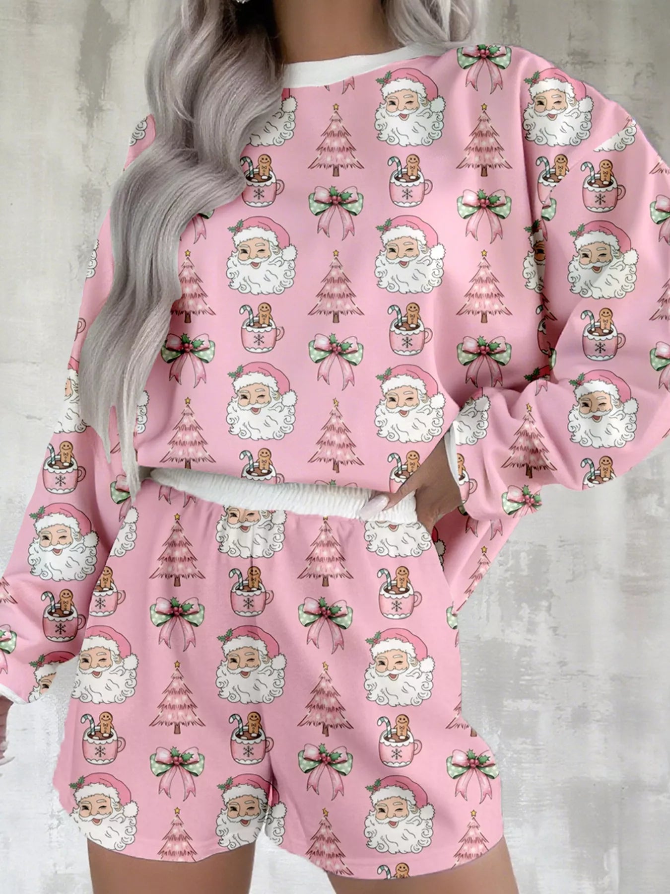 Hazel Blues® |  Christmas Santa Print Round Neck Top and Shorts Lounge Set