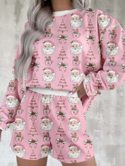 Hazel Blues® |  Christmas Santa Print Round Neck Top and Shorts Lounge Set