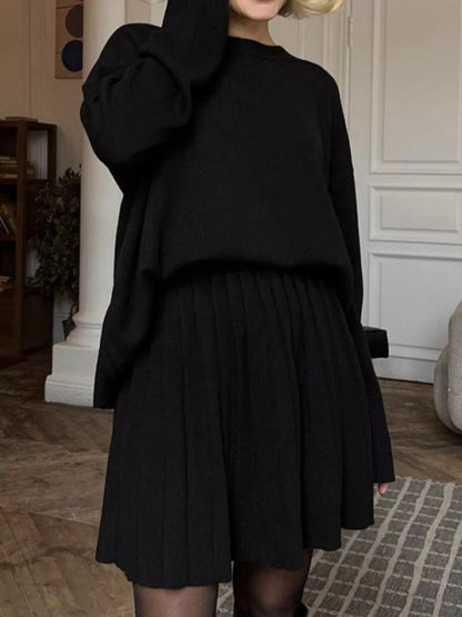 Hazel Blues® |  Round Neck Top and Pleated Skirt Sweater Set