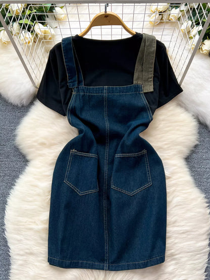 Hazel Blues® |  Short Sleeve T-Shirt and Denim Overall Dress Set