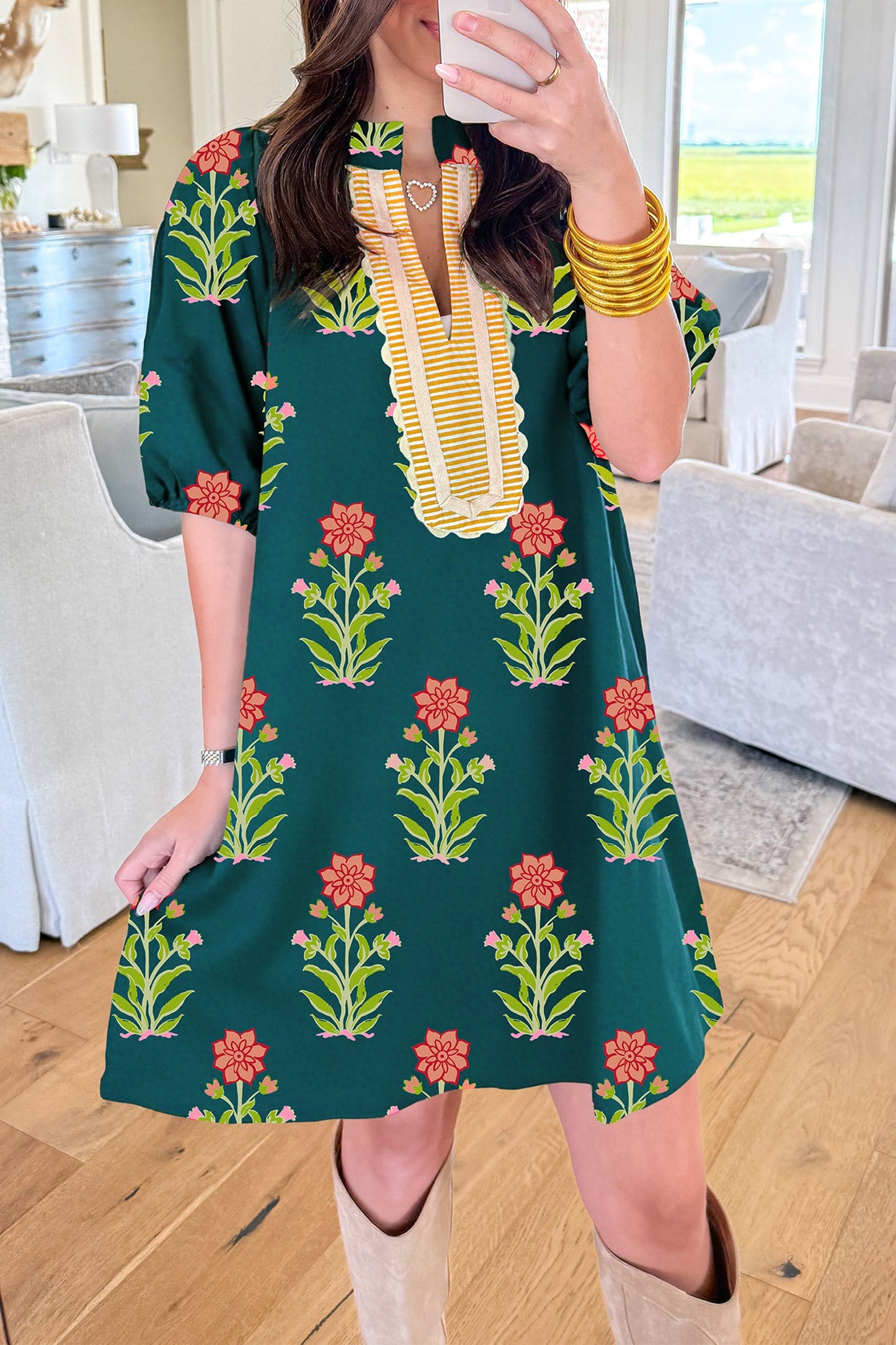 Hazel Blues® |  Green Floral Print Contrast Trim Striped Patchwork Short Sleeve Dress