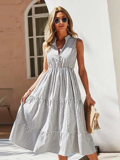 Hazel Blues® |  Striped Sleeveless Tiered Midi Dress
