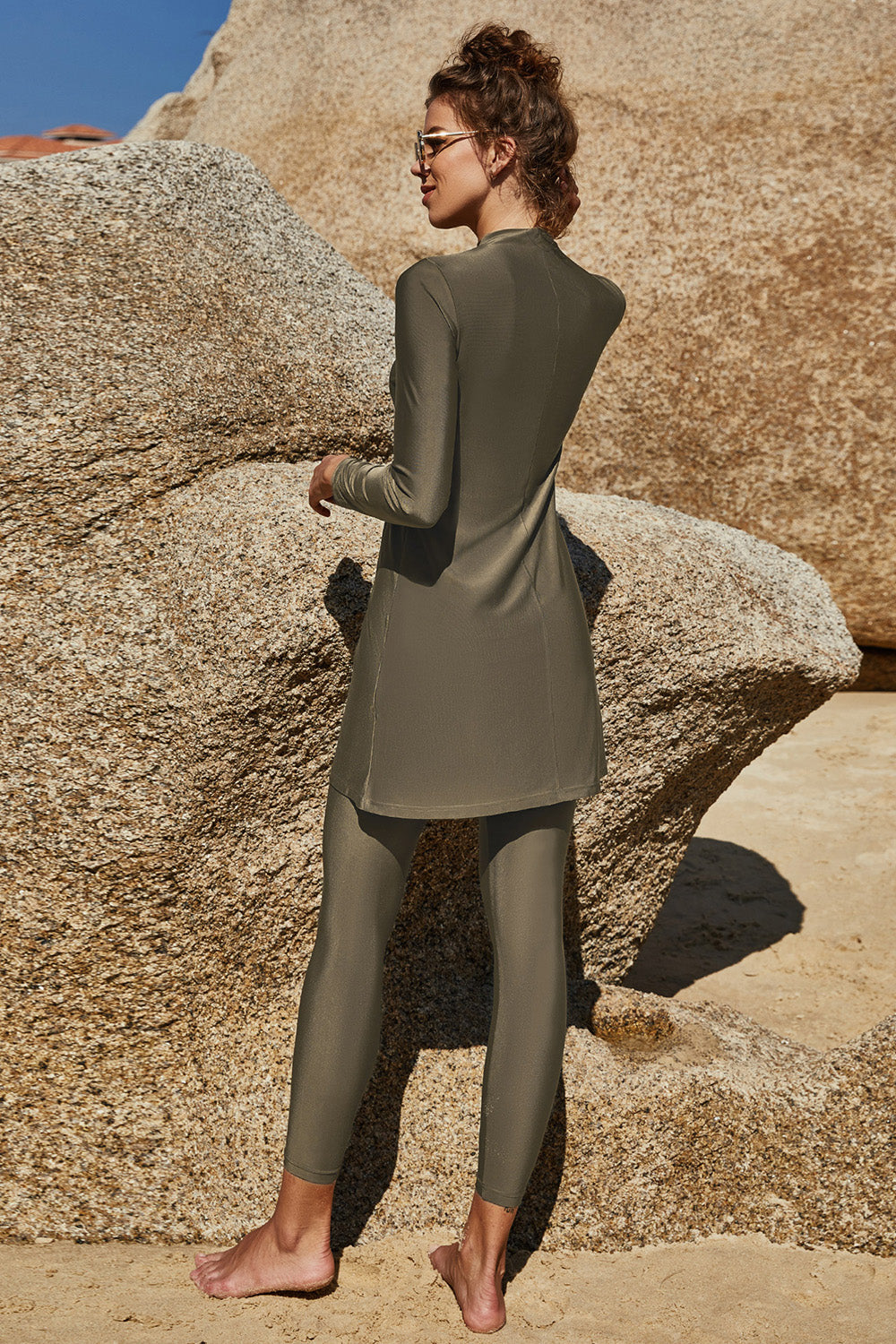 Hazel Blues® | Slit Mock Neck Long Sleeve Top and Pants Swim Set