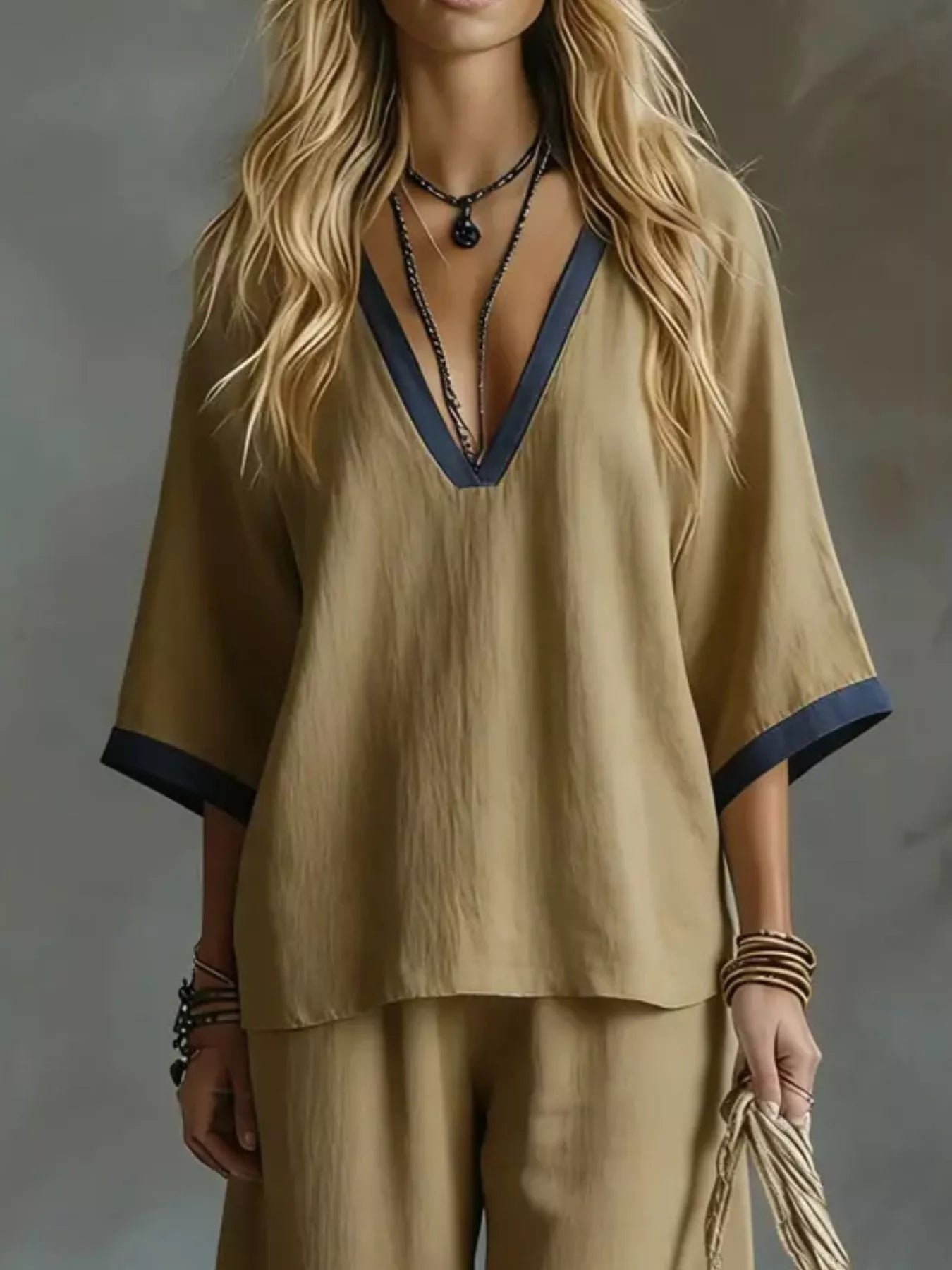 Hazel Blues® |  Contrast Trim V-Neck Top and Pants Set