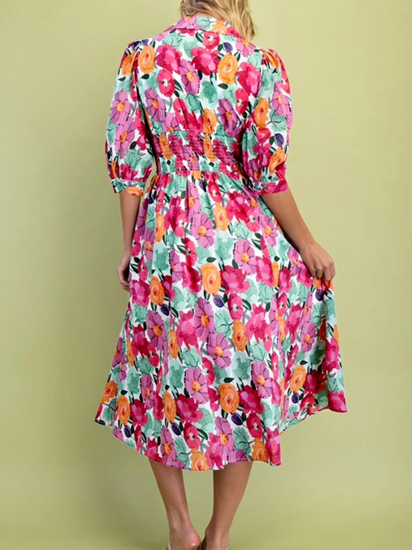 Hazel Blues® |  Vibrant Floral Print V Neck Zip Up Puffy Half Sleeve Dress