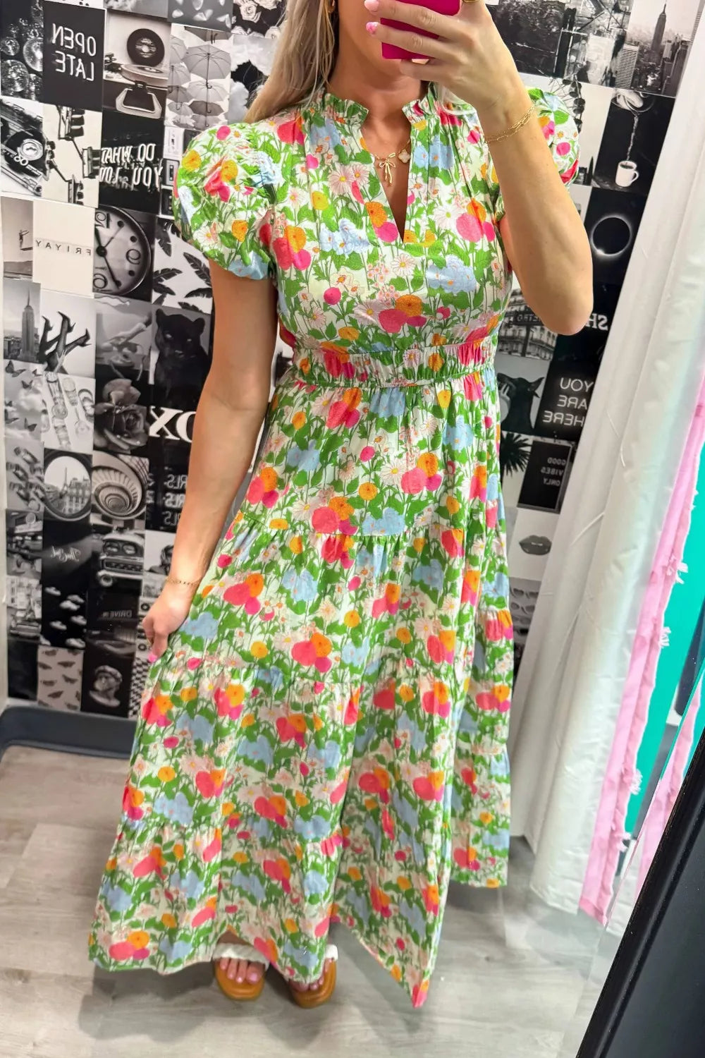 Hazel Blues® |  Floral Print V Neck Short Puff Sleeve Cotton Maxi Dress