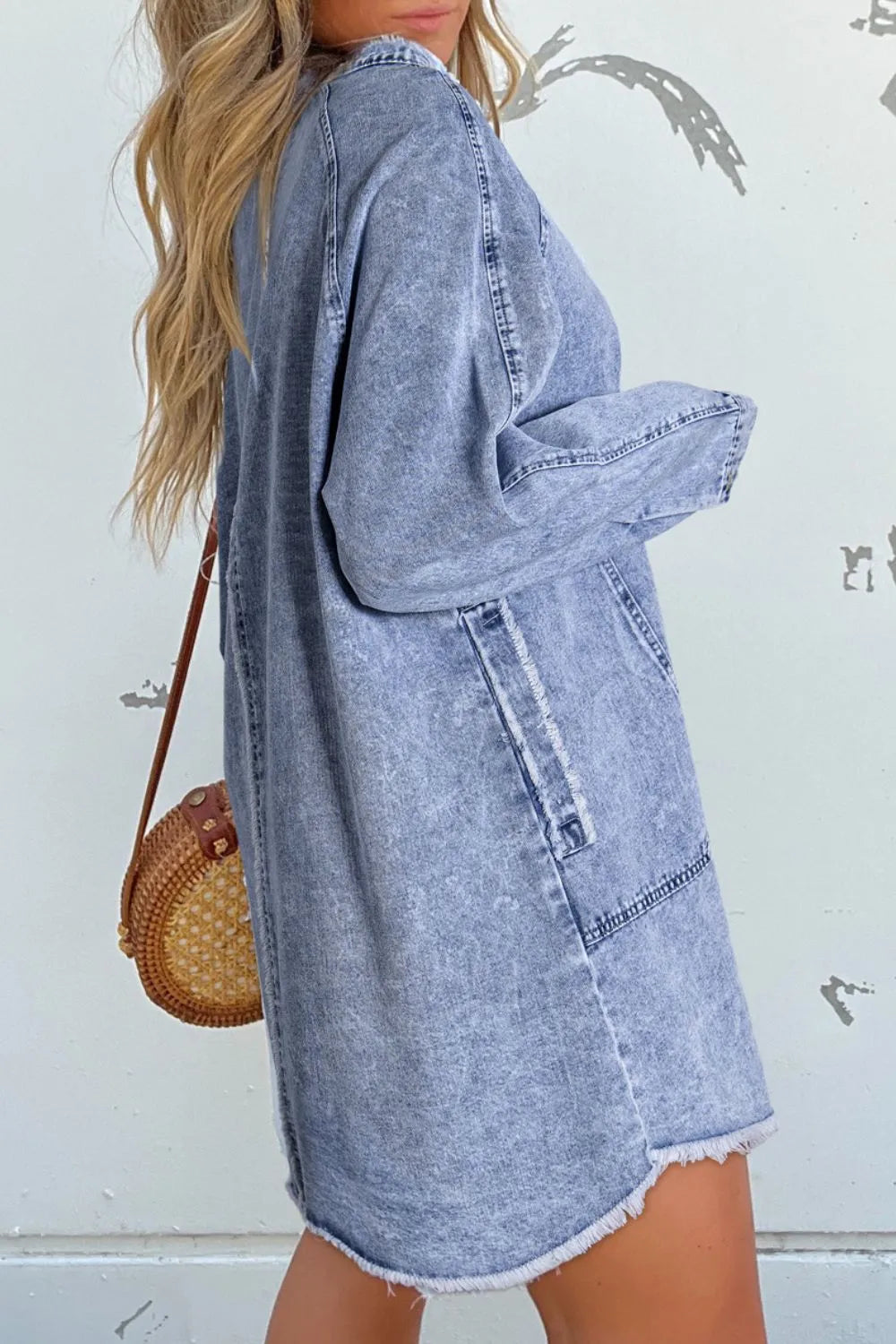 Hazel Blues® |  Raw Hem Button Down Long Sleeve Denim Dress