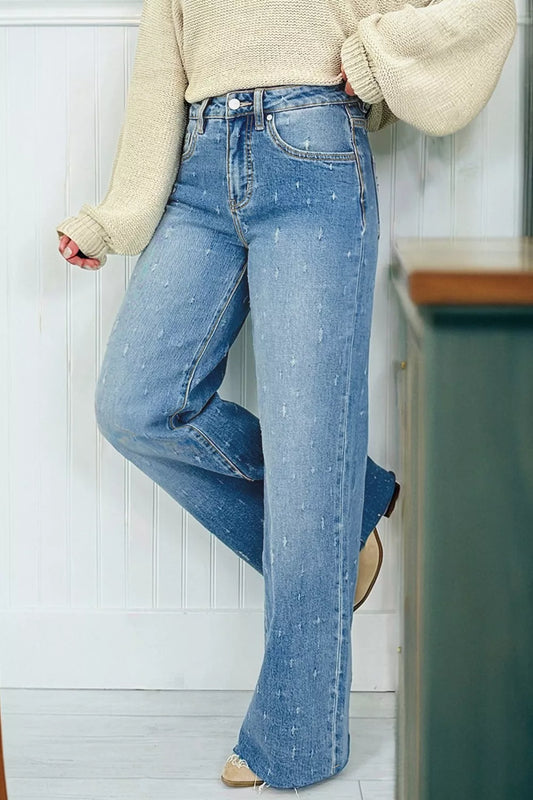 Hazel Blues® |  Distressed Detail Tummy Control Raw Hem Jeans