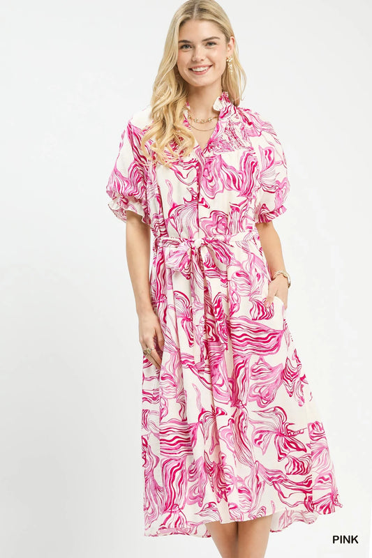 Hazel Blues® |  Umgee Abstract Print Smocked Tie Waist Midi Dress
