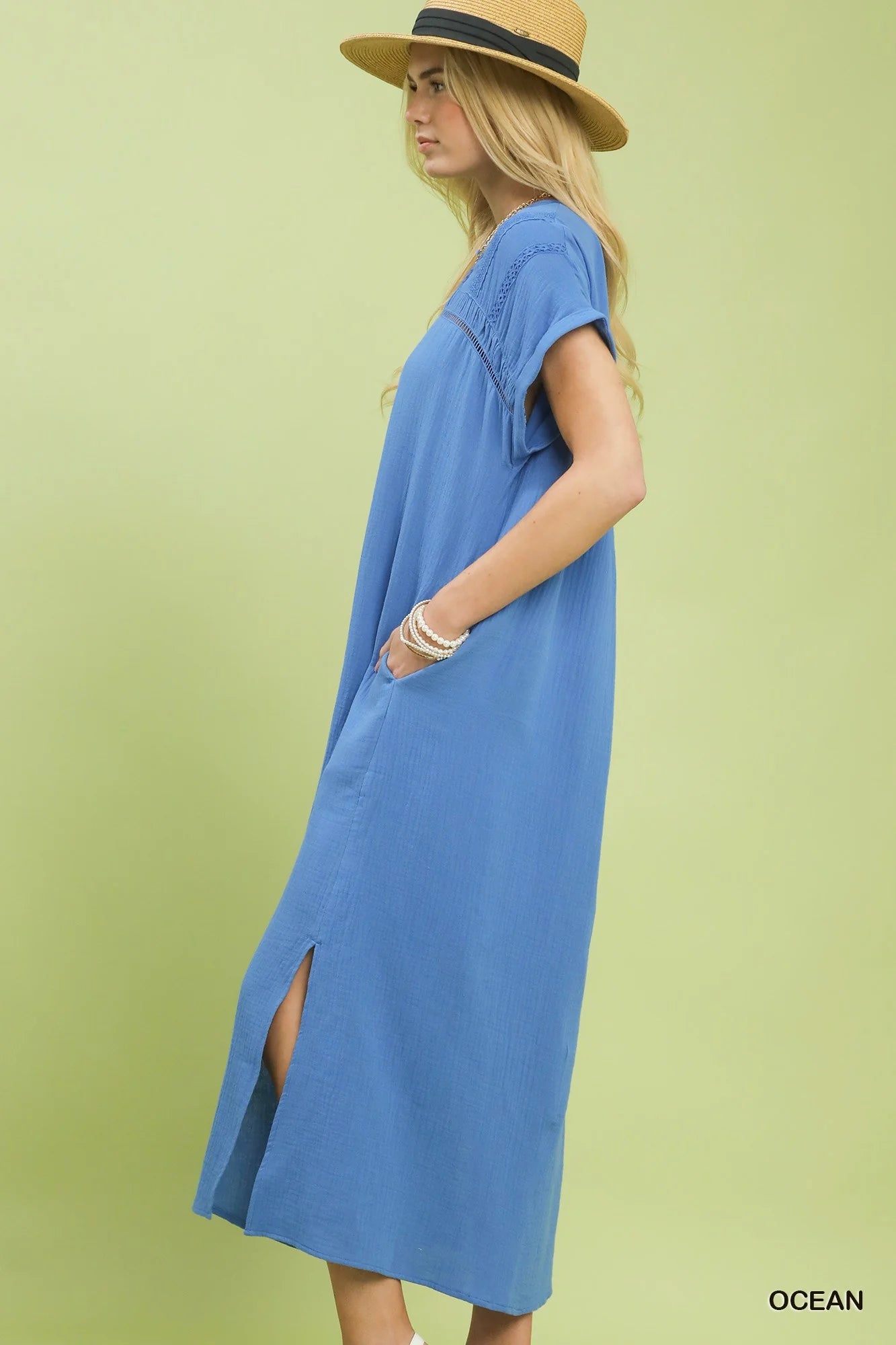 Hazel Blues® |  Umgee Button-Front Gauze Midi Dress with Lace Detail