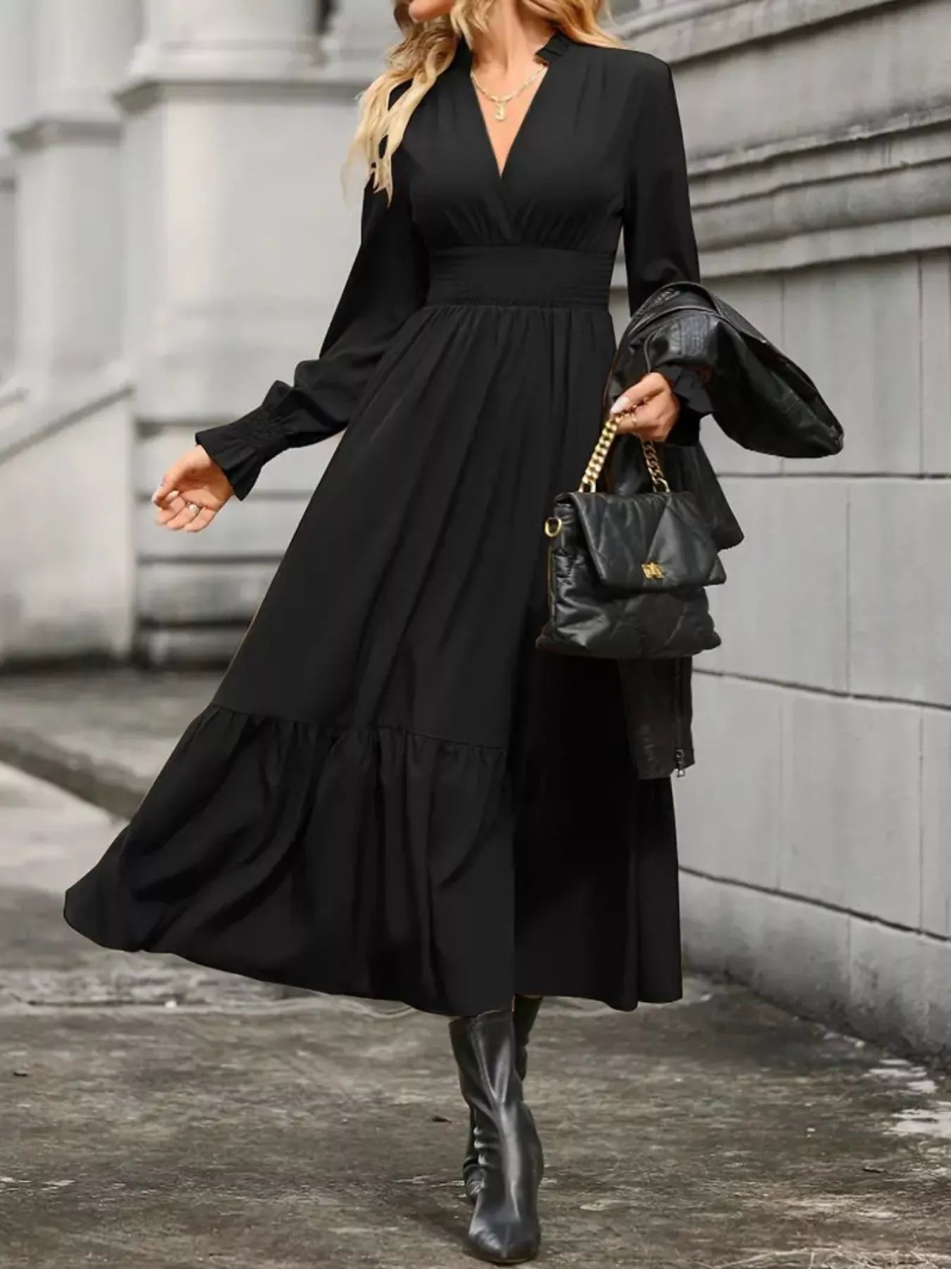 Hazel Blues® |  Surplice Long Sleeve Tiered Midi Dress