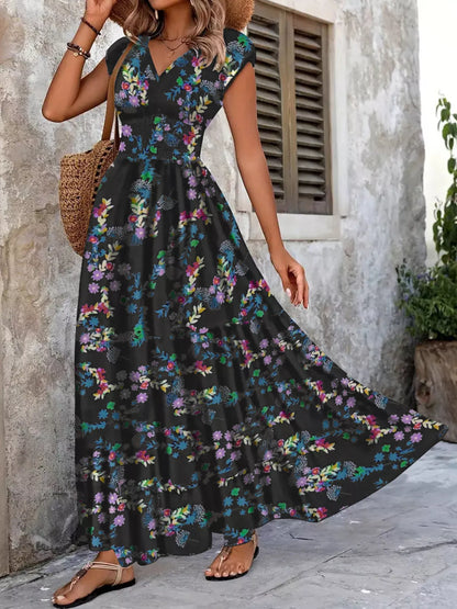 Hazel Blues® |  Printed V-Neck Cap Sleeve Maxi Dress