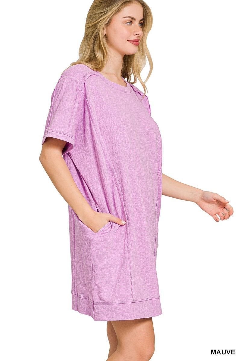 Hazel Blues® |  Zenana Washed Slub Short Sleeve Dress With Pockets