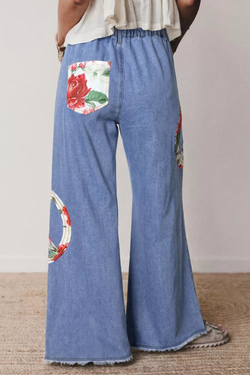 Hazel Blues® |  Floral Peace Sign Wide Leg Jeans