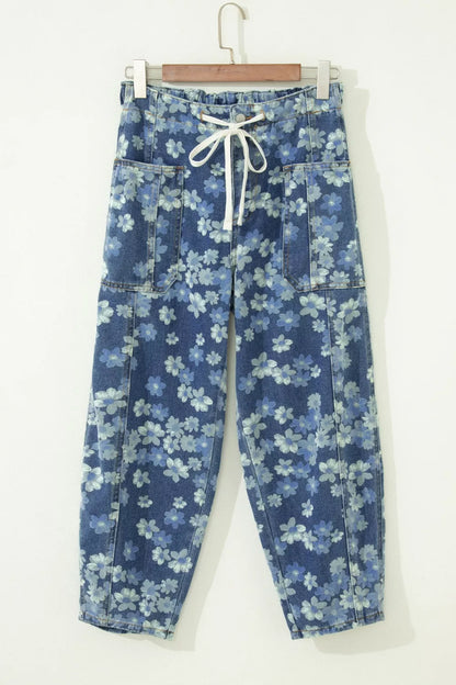 Hazel Blues® |  Dainty Floral Printed Drawstring Barrel Jeans