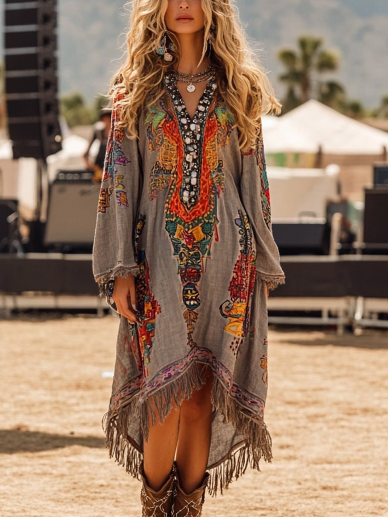 Hazel Blues® |  Fringe Hem Notched Long Sleeve Dress
