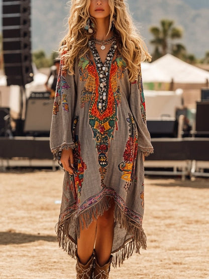 Hazel Blues® |  Fringe Hem Notched Long Sleeve Dress