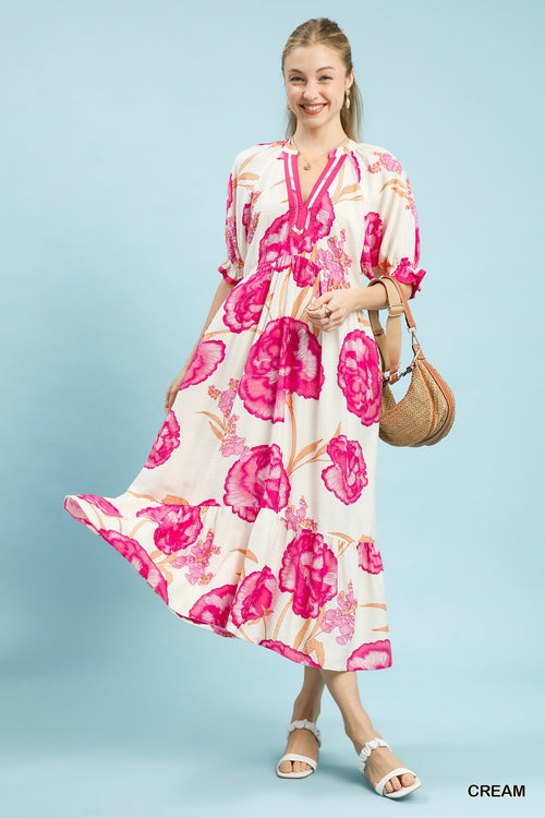 Hazel Blues® |  Umgee Floral Print Midi Dress with Contrast Trim