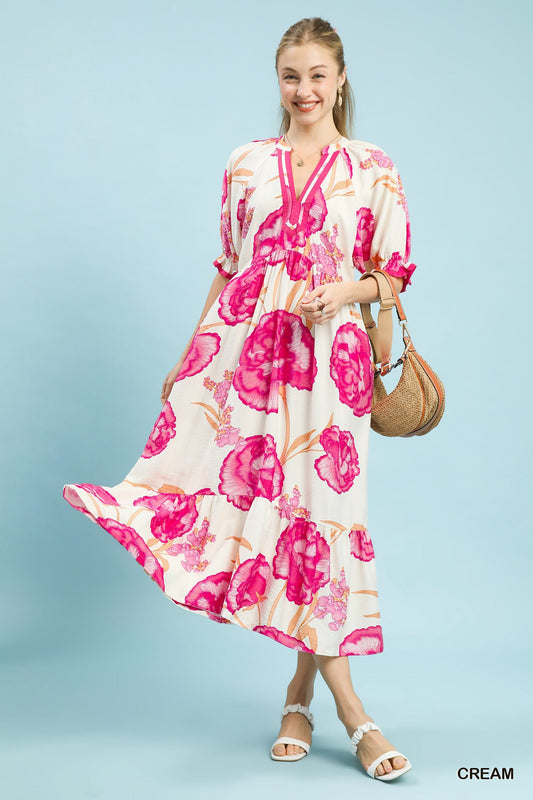 Hazel Blues® |  Umgee Floral Print Midi Dress with Contrast Trim