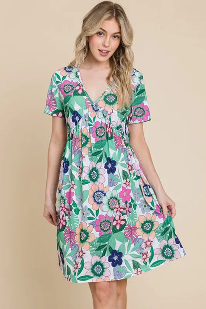 Hazel Blues® |  BOMBOM Ruched Floral V-Neck Short Sleeve Dress